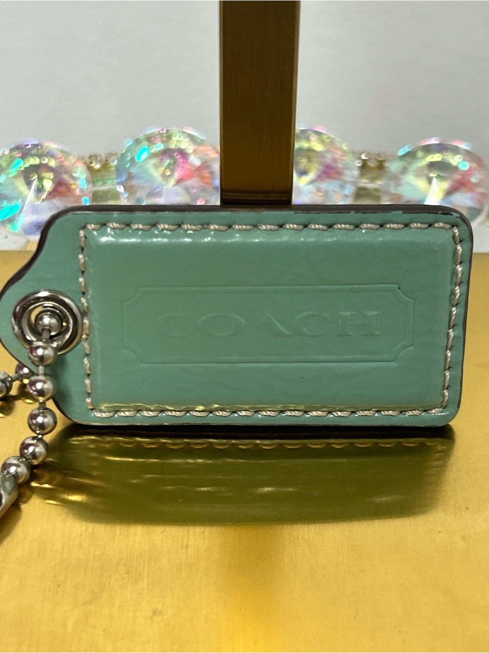 COACH Mint Green Leather Bag Tag Keychain Approx. 2”